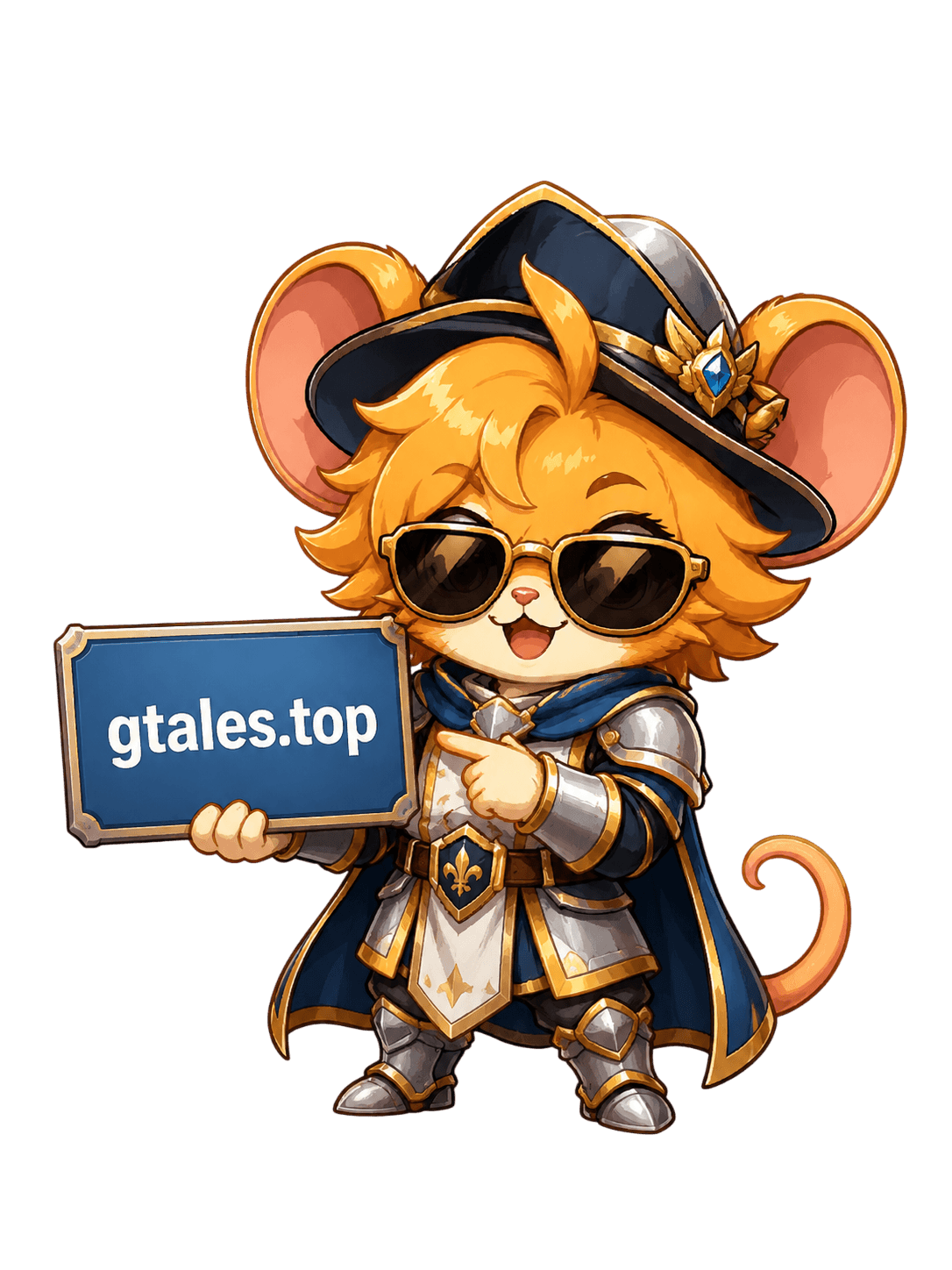 Cley, mascote da aba Raid, segurando placa gtales.top