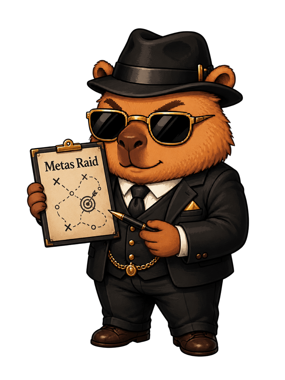 Olimpio, mascote da aba Raid, segurando placa Metas Raid